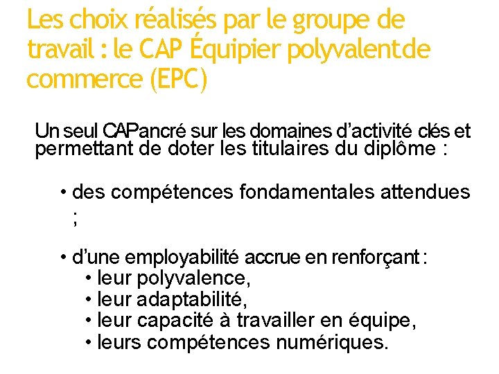 Les choix réalisés par le groupe de travail : le CAP Équipier polyvalent de Les choix réalisés par le groupe de travail : le CAP Équipier polyvalent de