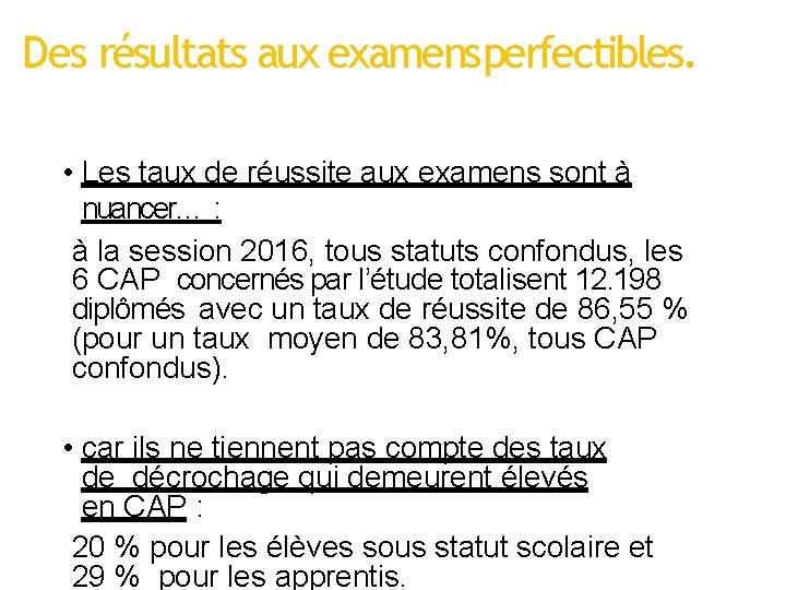 Des résultats aux examensperfectibles. • Les taux de réussite aux examens sont à nuancer… Des résultats aux examensperfectibles. • Les taux de réussite aux examens sont à nuancer…