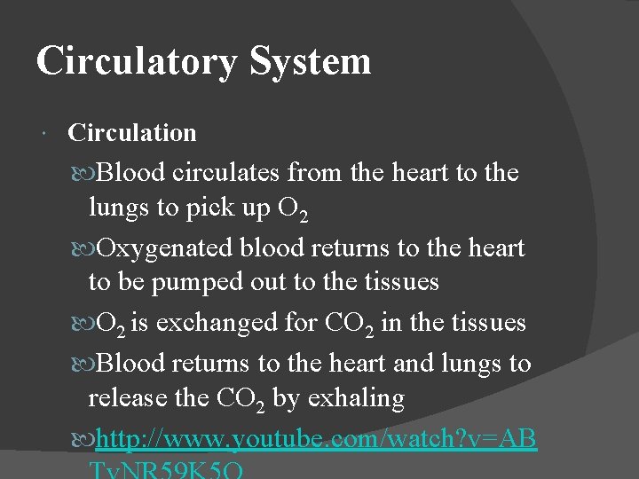 Circulatory System Circulation Blood circulates from the heart to the lungs to pick up