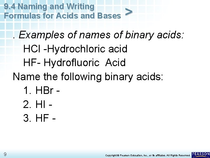 9. 4 Naming and Writing Formulas for Acids and Bases > . Examples of