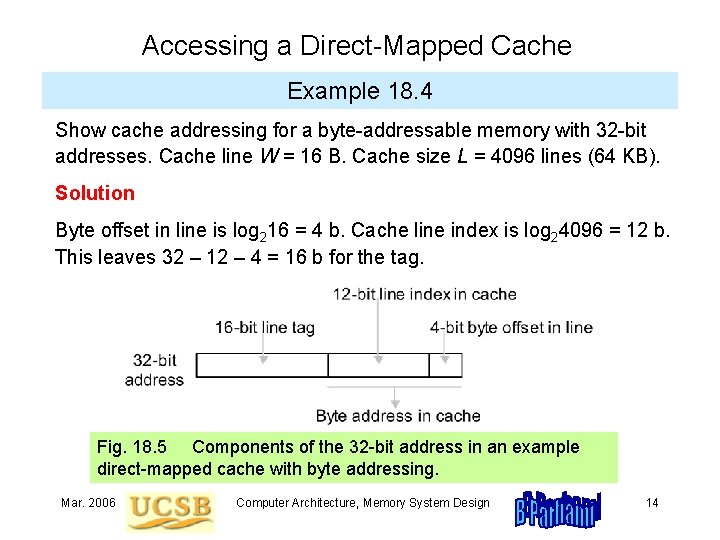 Accessing a Direct-Mapped Cache Example 18. 4 Show cache addressing for a byte-addressable memory