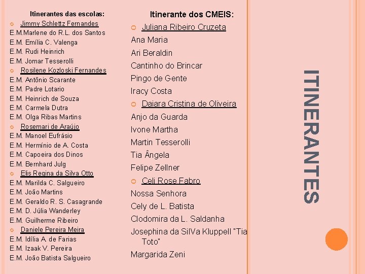 Itinerante dos CMEIS: Juliana Ribeiro Cruzeta Ana Maria Ari Beraldin Cantinho do Brincar Pingo Itinerante dos CMEIS: Juliana Ribeiro Cruzeta Ana Maria Ari Beraldin Cantinho do Brincar Pingo