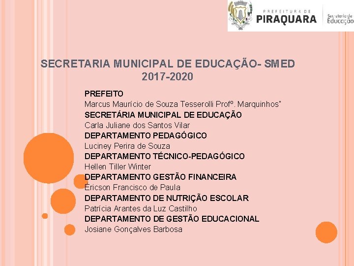 SECRETARIA MUNICIPAL DE EDUCAÇÃO- SMED 2017 -2020 PREFEITO Marcus Maurício de Souza Tesserolli Profº. SECRETARIA MUNICIPAL DE EDUCAÇÃO- SMED 2017 -2020 PREFEITO Marcus Maurício de Souza Tesserolli Profº.