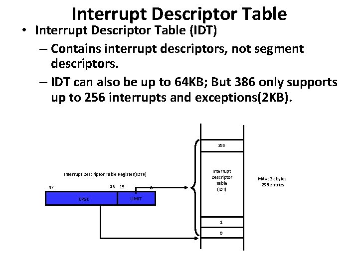 Interrupt Descriptor Table • Interrupt Descriptor Table (IDT) – Contains interrupt descriptors, not segment