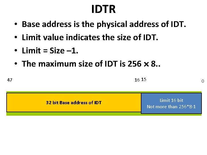 IDTR • • Base address is the physical address of IDT. Limit value indicates