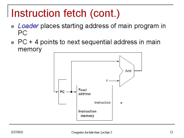 Instruction fetch (cont. ) n n Loader places starting address of main program in