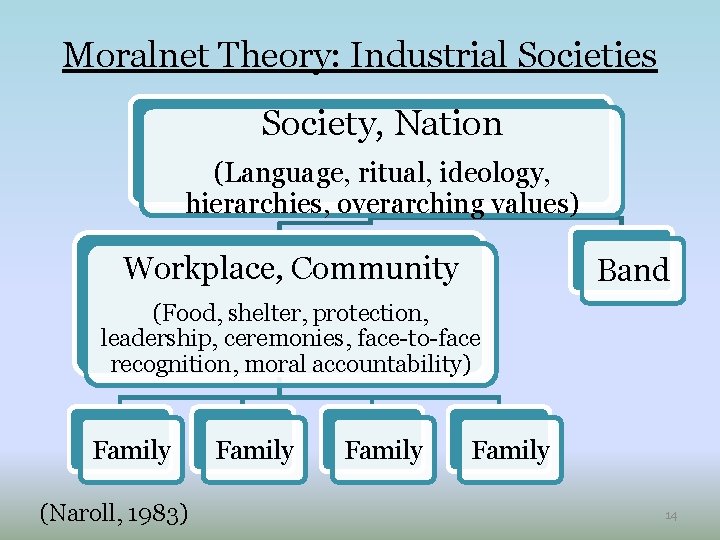 Moralnet Theory: Industrial Societies Society, Nation (Language, ritual, ideology, hierarchies, overarching values) Workplace, Community