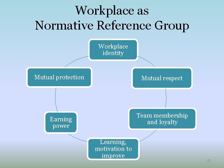 Workplace as Normative Reference Group Workplace identity Mutual protection Mutual respect Team membership and