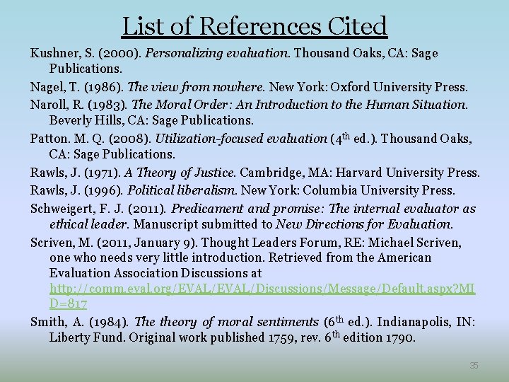 List of References Cited Kushner, S. (2000). Personalizing evaluation. Thousand Oaks, CA: Sage Publications.