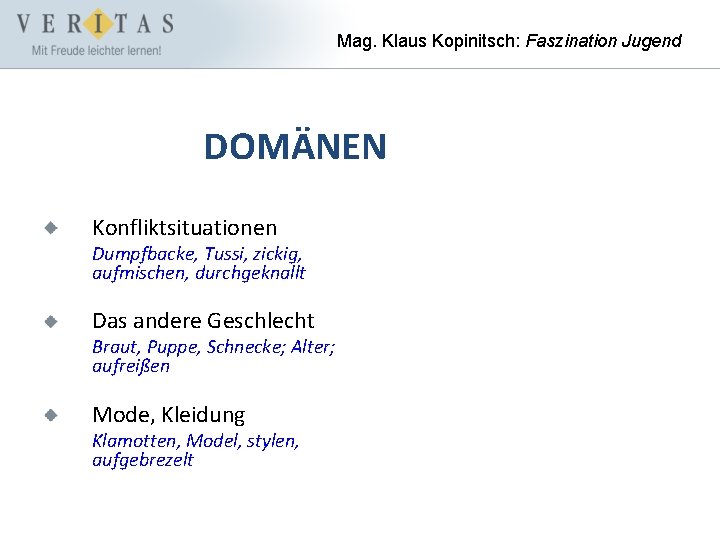 Mag. Klaus Kopinitsch: Faszination Jugend DOMÄNEN Konfliktsituationen Dumpfbacke, Tussi, zickig, aufmischen, durchgeknallt Das andere