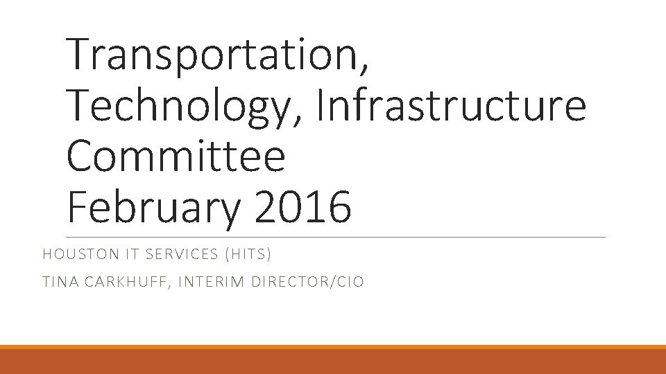 Transportation, Technology, Infrastructure Committee February 2016 HOUSTON IT SERVICES (HITS) TINA CARKHUFF, INTERIM DIRECTOR/CIO