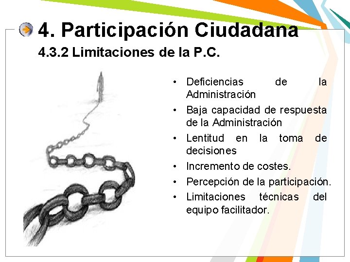 4. Participación Ciudadana 4. 3. 2 Limitaciones de la P. C. • Deficiencias de