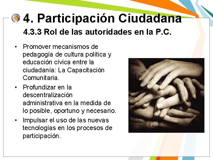 4. Participación Ciudadana 4. 3. 3 Rol de las autoridades en la P. C.