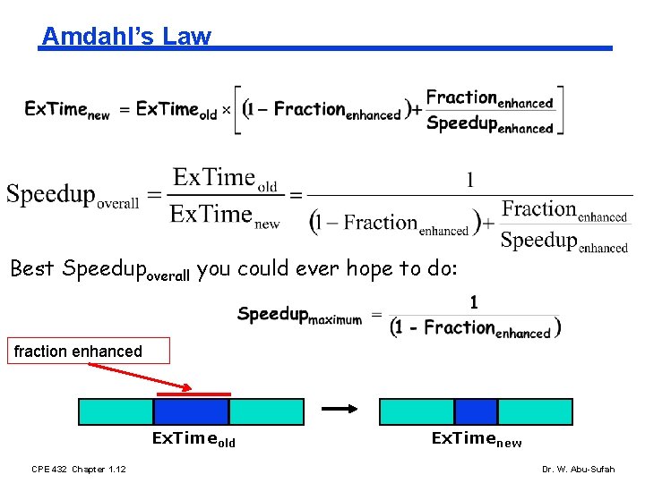 Amdahl’s Law Best Speedupoverall you could ever hope to do: fraction enhanced Ex. Timeold Amdahl’s Law Best Speedupoverall you could ever hope to do: fraction enhanced Ex. Timeold