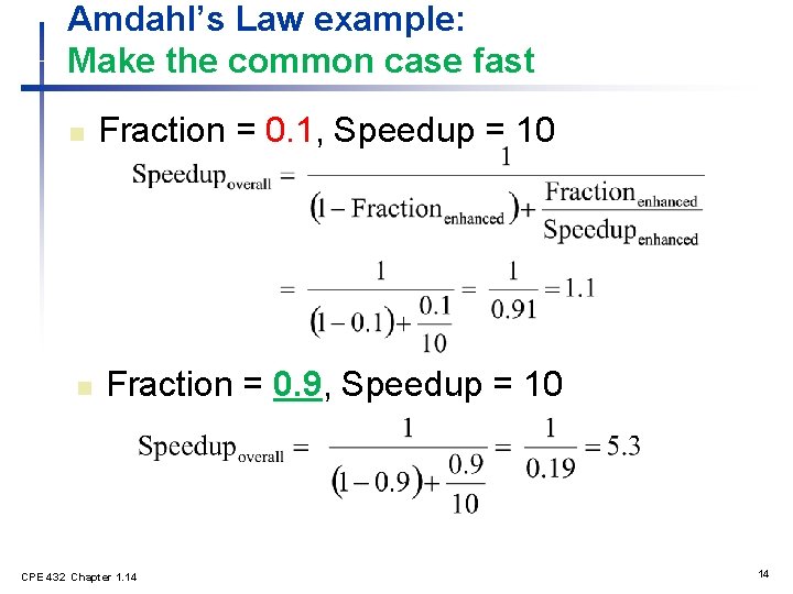 Amdahl’s Law example: Make the common case fast n n Fraction = 0. 1, Amdahl’s Law example: Make the common case fast n n Fraction = 0. 1,