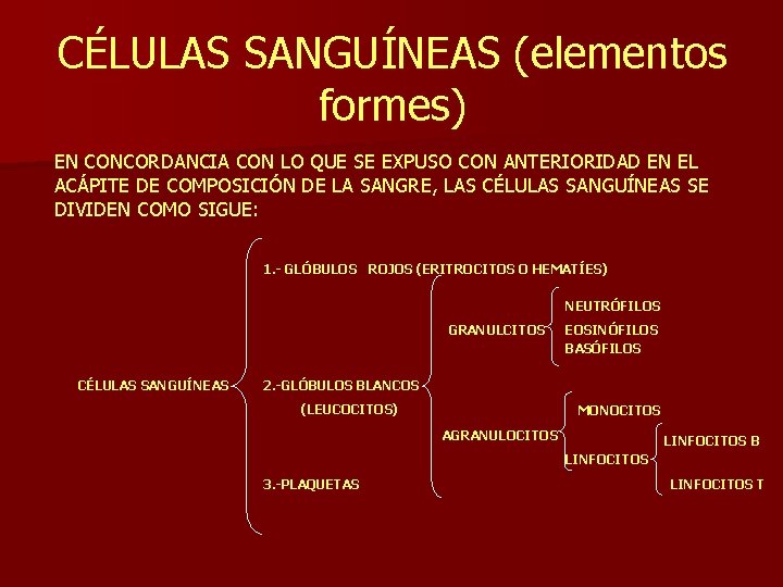 CÉLULAS SANGUÍNEAS (elementos formes) EN CONCORDANCIA CON LO QUE SE EXPUSO CON ANTERIORIDAD EN