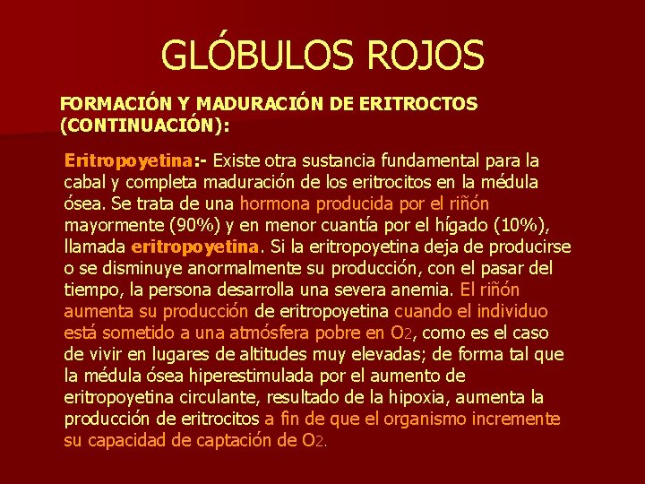 GLÓBULOS ROJOS FORMACIÓN Y MADURACIÓN DE ERITROCTOS (CONTINUACIÓN): Eritropoyetina: - Existe otra sustancia fundamental