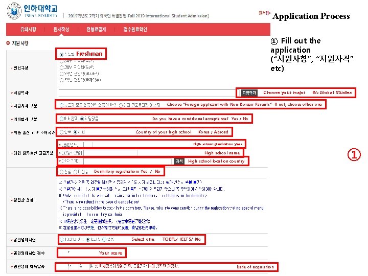 Application Process ① Fill out the application (“지원사항”, “지원자격” etc) Freshman Choose your major