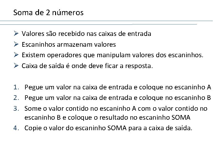 Soma de 2 números Ø Ø Valores são recebido nas caixas de entrada Escaninhos