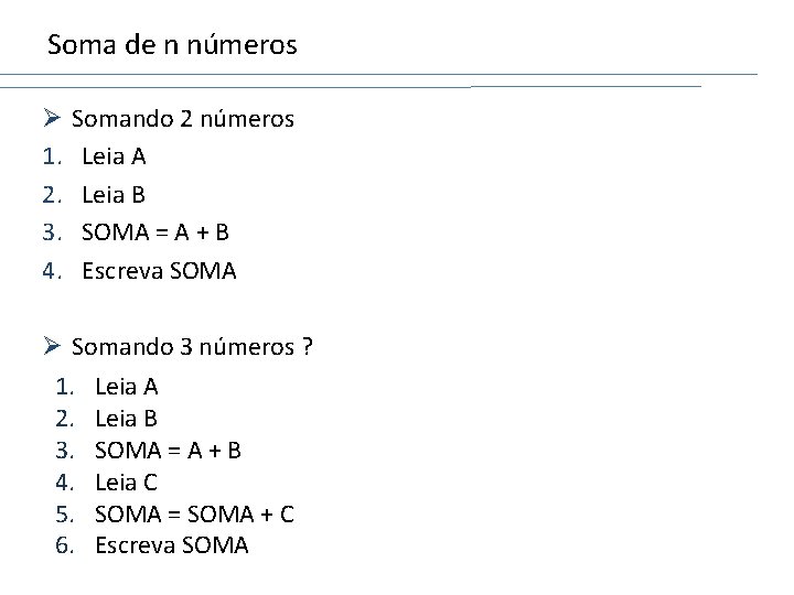 Soma de n números Ø 1. 2. 3. 4. Somando 2 números Leia A