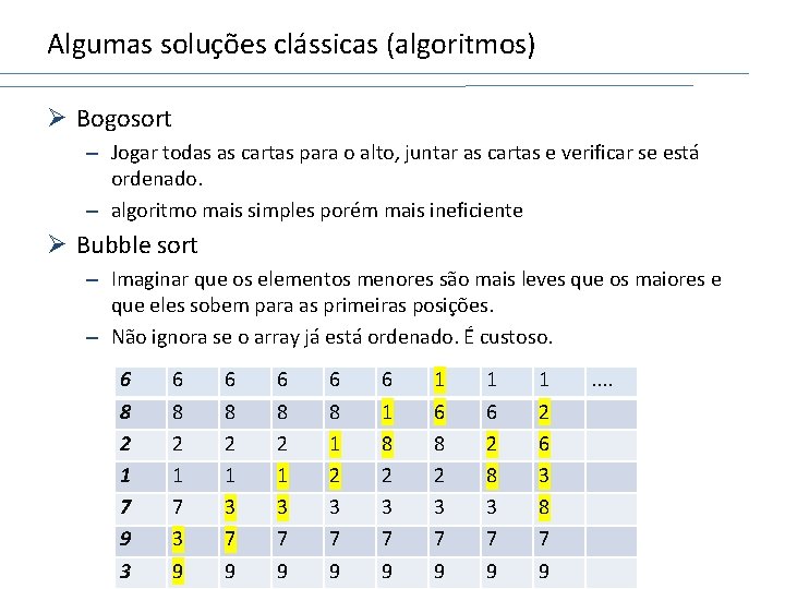 Algumas soluções clássicas (algoritmos) Ø Bogosort – Jogar todas as cartas para o alto,