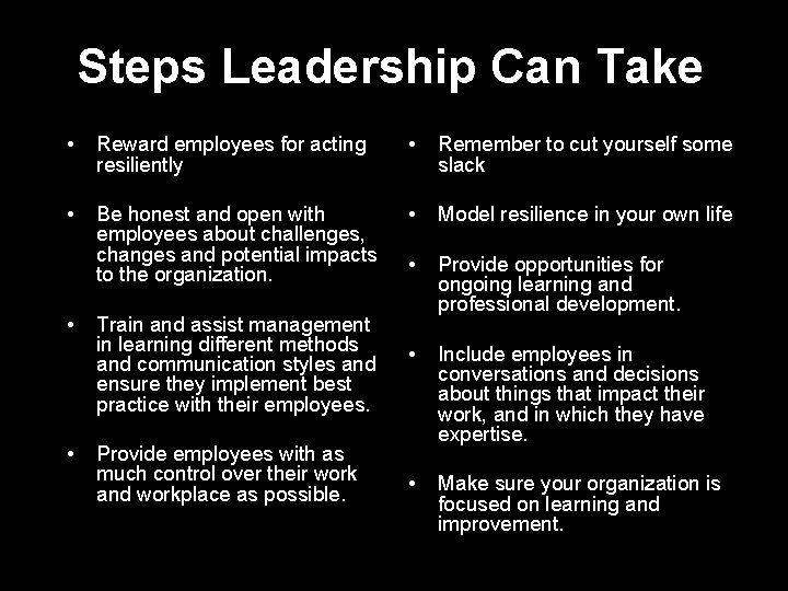 Steps Leadership Can Take • Reward employees for acting resiliently • Remember to cut