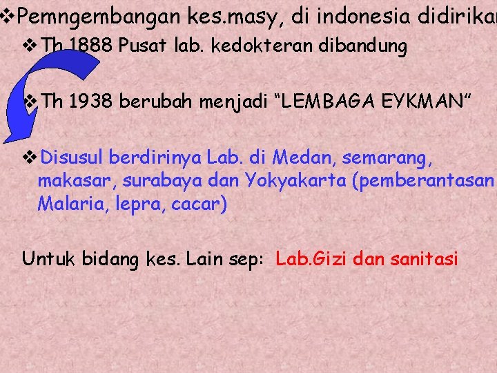 v. Pemngembangan kes. masy, di indonesia didirikan v. Th 1888 Pusat lab. kedokteran dibandung