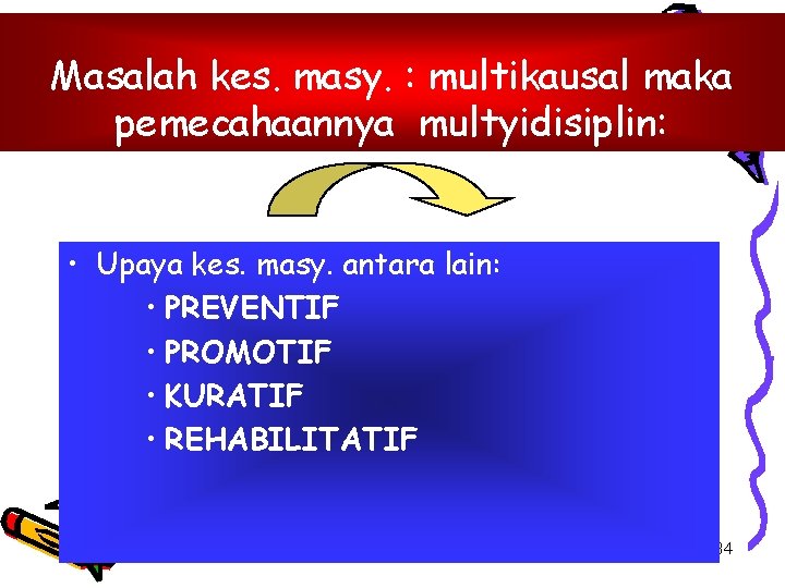 Masalah kes. masy. : multikausal maka pemecahaannya multyidisiplin: • Upaya kes. masy. antara lain: