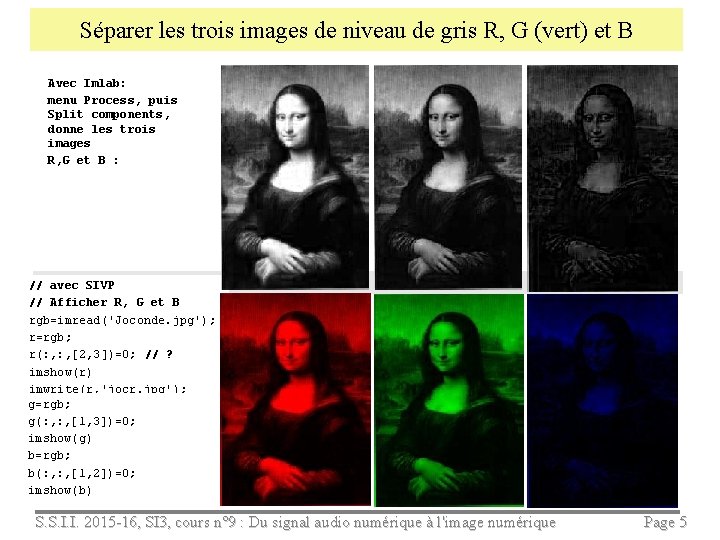 Séparer les trois images de niveau de gris R, G (vert) et B Avec