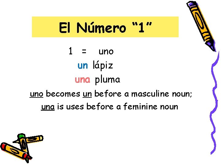 El Número “ 1” 1 = uno un lápiz una pluma uno becomes un El Número “ 1” 1 = uno un lápiz una pluma uno becomes un