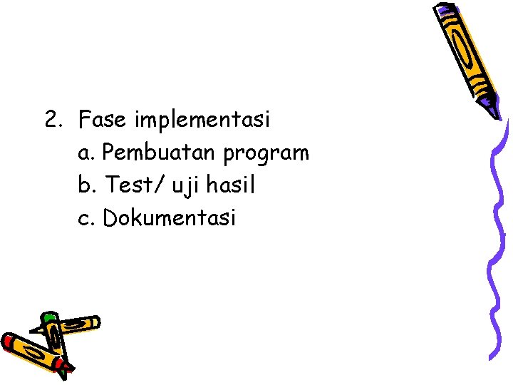2. Fase implementasi a. Pembuatan program b. Test/ uji hasil c. Dokumentasi 