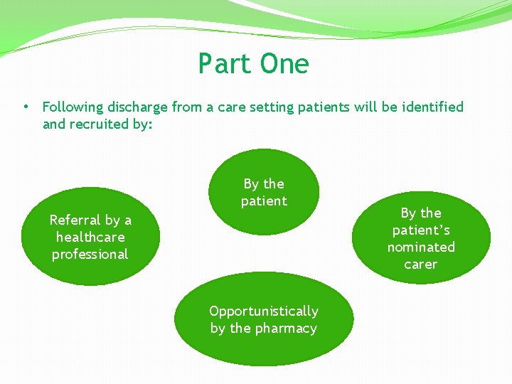 Part One • Following discharge from a care setting patients will be identified and