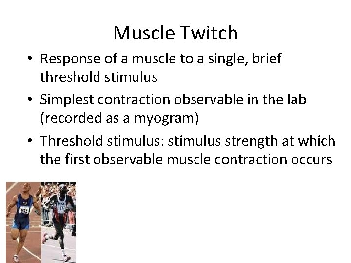 Muscle Twitch • Response of a muscle to a single, brief threshold stimulus •