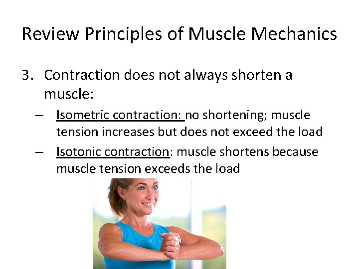 Review Principles of Muscle Mechanics 3. Contraction does not always shorten a muscle: –