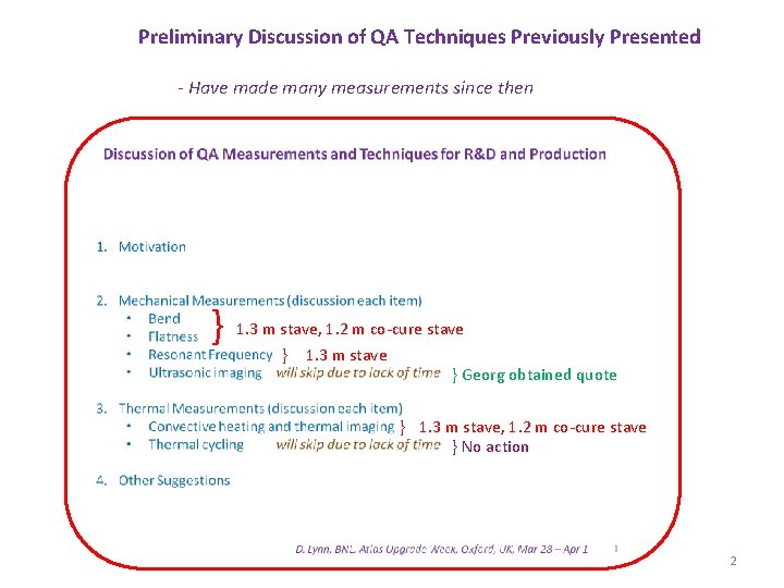 Preliminary Discussion of QA Techniques Previously Presented - Have made many measurements since then