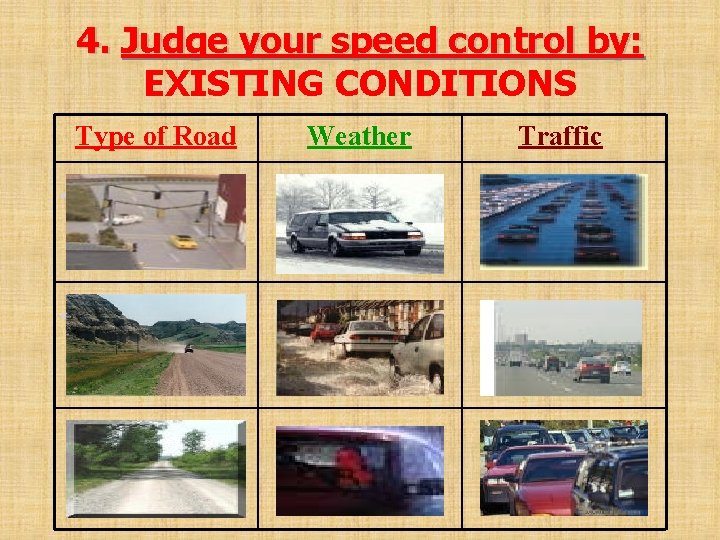 4. Judge your speed control by: EXISTING CONDITIONS Type of Road Weather Traffic 