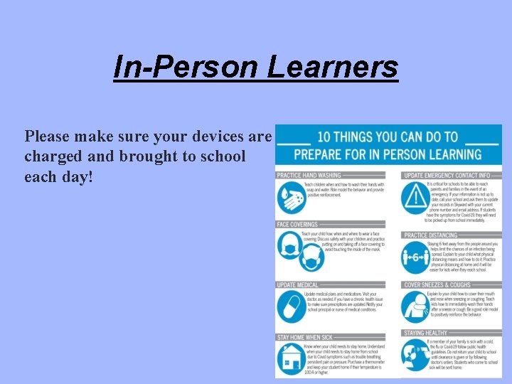 In-Person Learners Please make sure your devices are charged and brought to school each