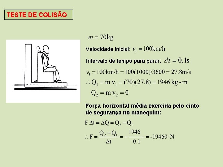 TESTE DE COLISÃO Velocidade inicial: Intervalo de tempo parar: Força horizontal média exercida pelo