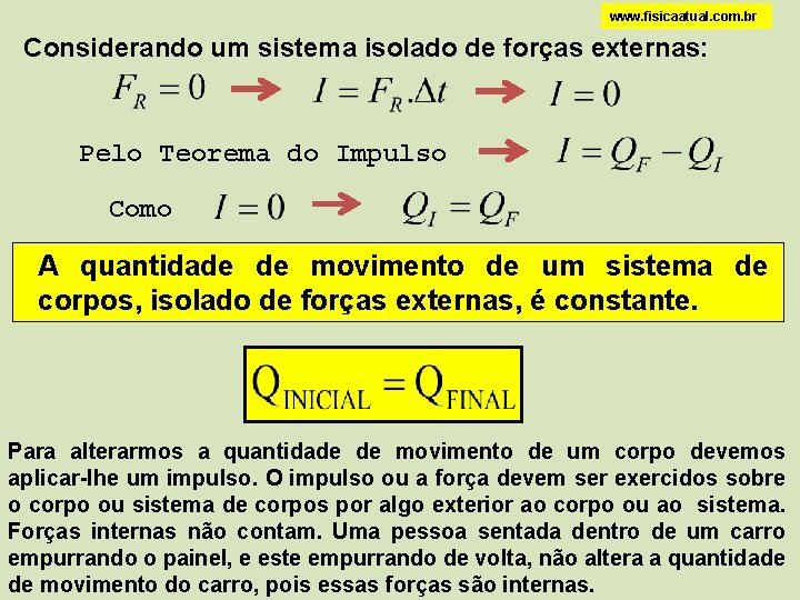 www. fisicaatual. com. br Considerando um sistema isolado de forças externas: Pelo Teorema do