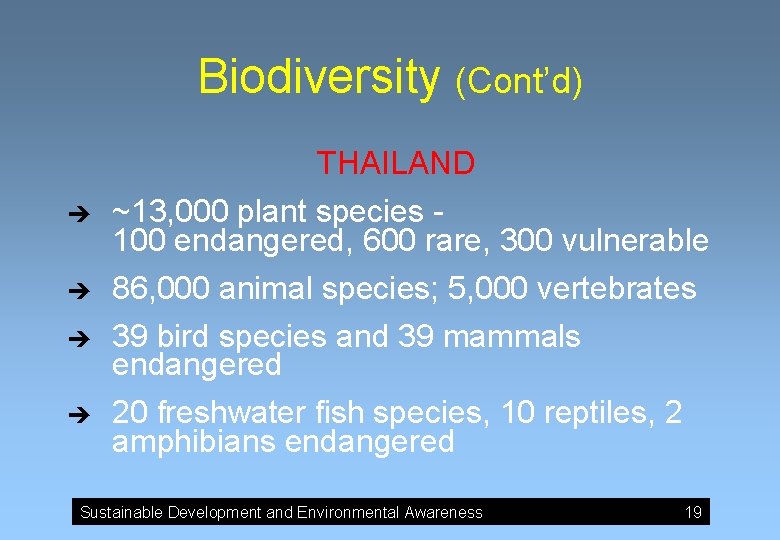 Biodiversity (Cont’d) THAILAND è è ~13, 000 plant species 100 endangered, 600 rare, 300