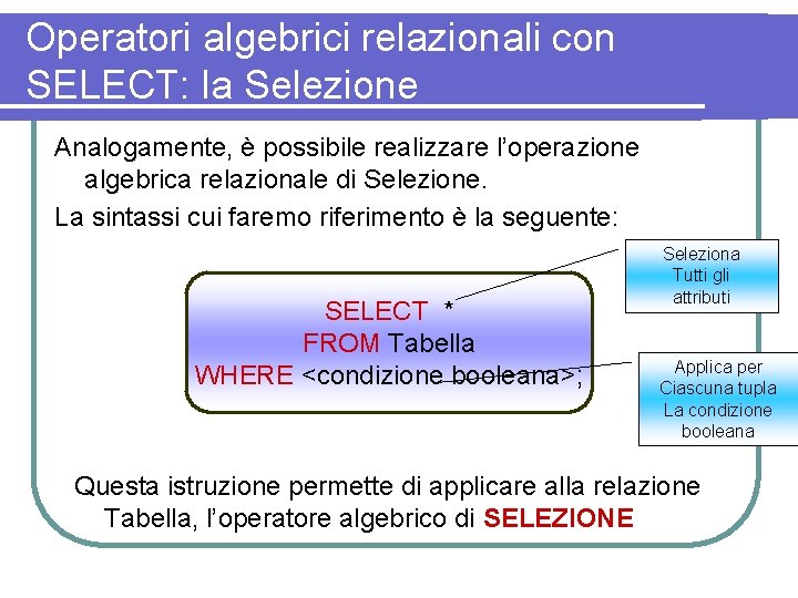 Operatori algebrici relazionali con SELECT: la Selezione Analogamente, è possibile realizzare l’operazione algebrica relazionale