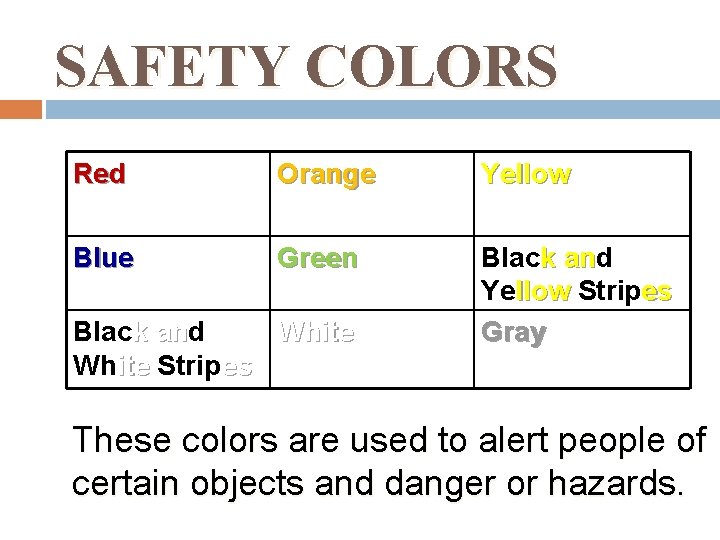 SAFETY COLORS Red Orange Yellow Blue Green Black and Yellow Stripes Gray Black and