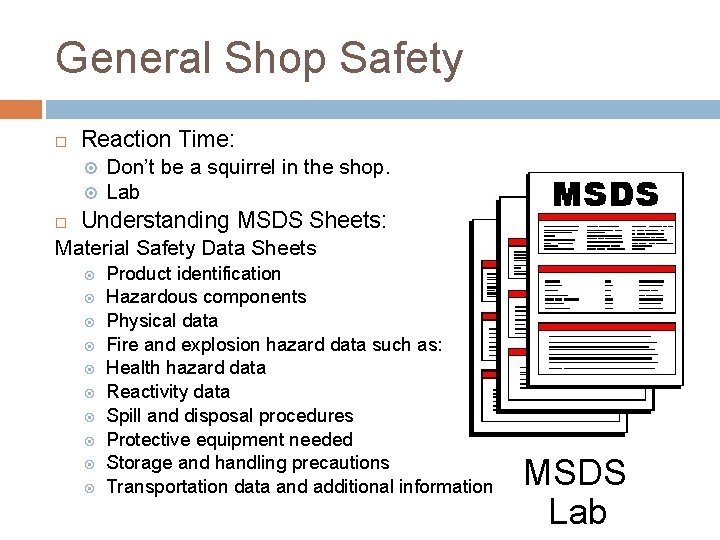 General Shop Safety Reaction Time: Don’t be a squirrel in the shop. Lab Understanding