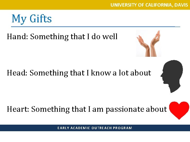 UNIVERSITY OF CALIFORNIA, DAVIS My Gifts Hand: Something that I do well Head: Something