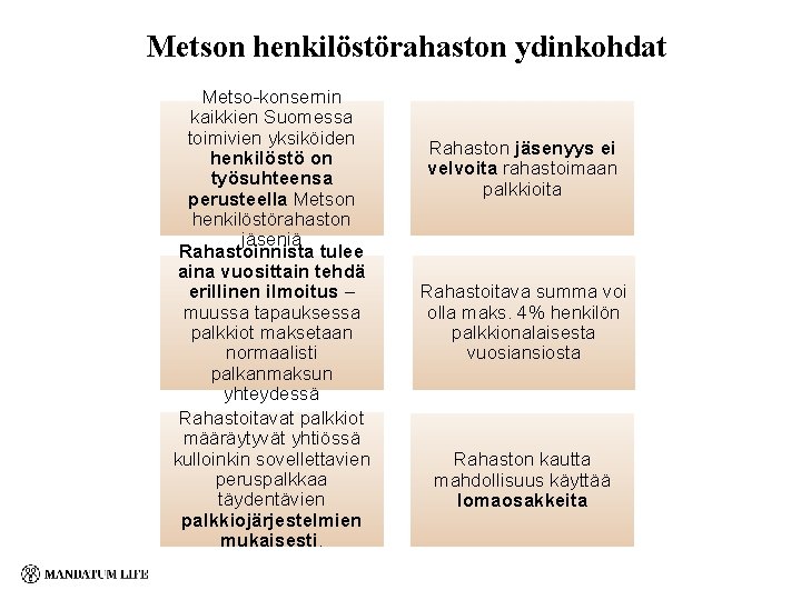 Metson henkilöstörahaston ydinkohdat Metso-konsernin kaikkien Suomessa toimivien yksiköiden henkilöstö on työsuhteensa perusteella Metson henkilöstörahaston