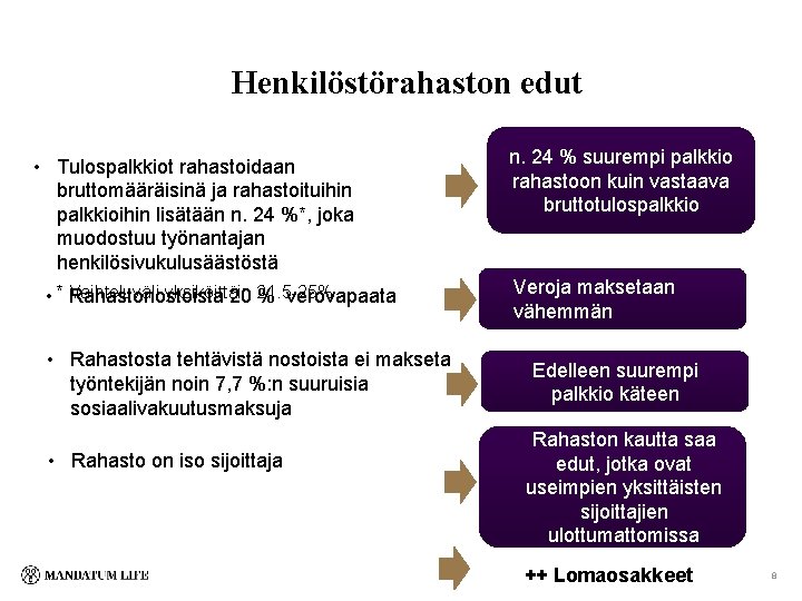 Henkilöstörahaston edut • Tulospalkkiot rahastoidaan bruttomääräisinä ja rahastoituihin palkkioihin lisätään n. 24 %*, joka