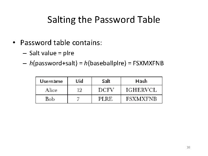 Salting the Password Table • Password table contains: – Salt value = plre –