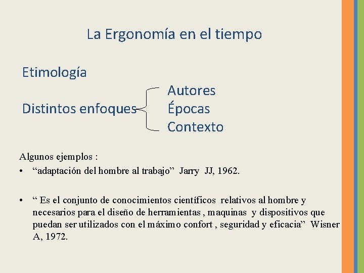 La Ergonomía en el tiempo Etimología Distintos enfoques Autores Épocas Contexto Algunos ejemplos :