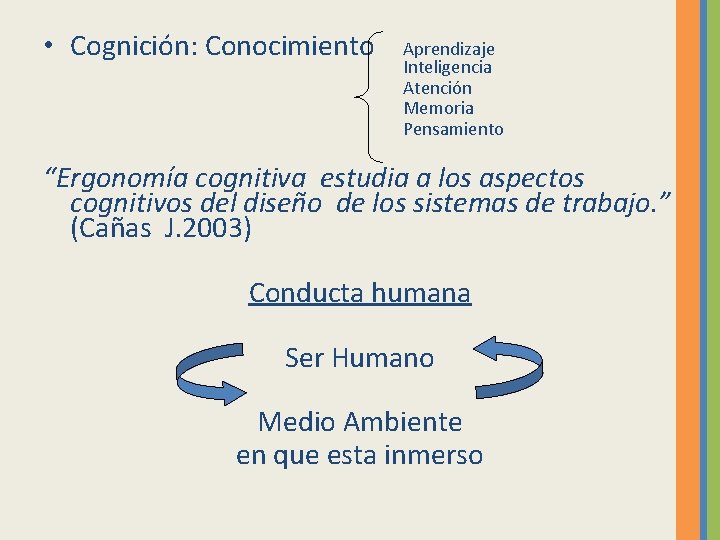  • Cognición: Conocimiento Aprendizaje Inteligencia Atención Memoria Pensamiento “Ergonomía cognitiva estudia a los