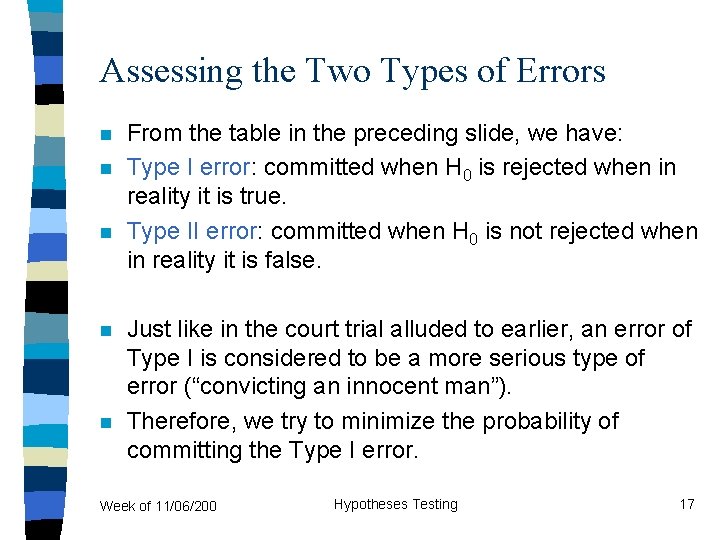 Assessing the Two Types of Errors n n n From the table in the